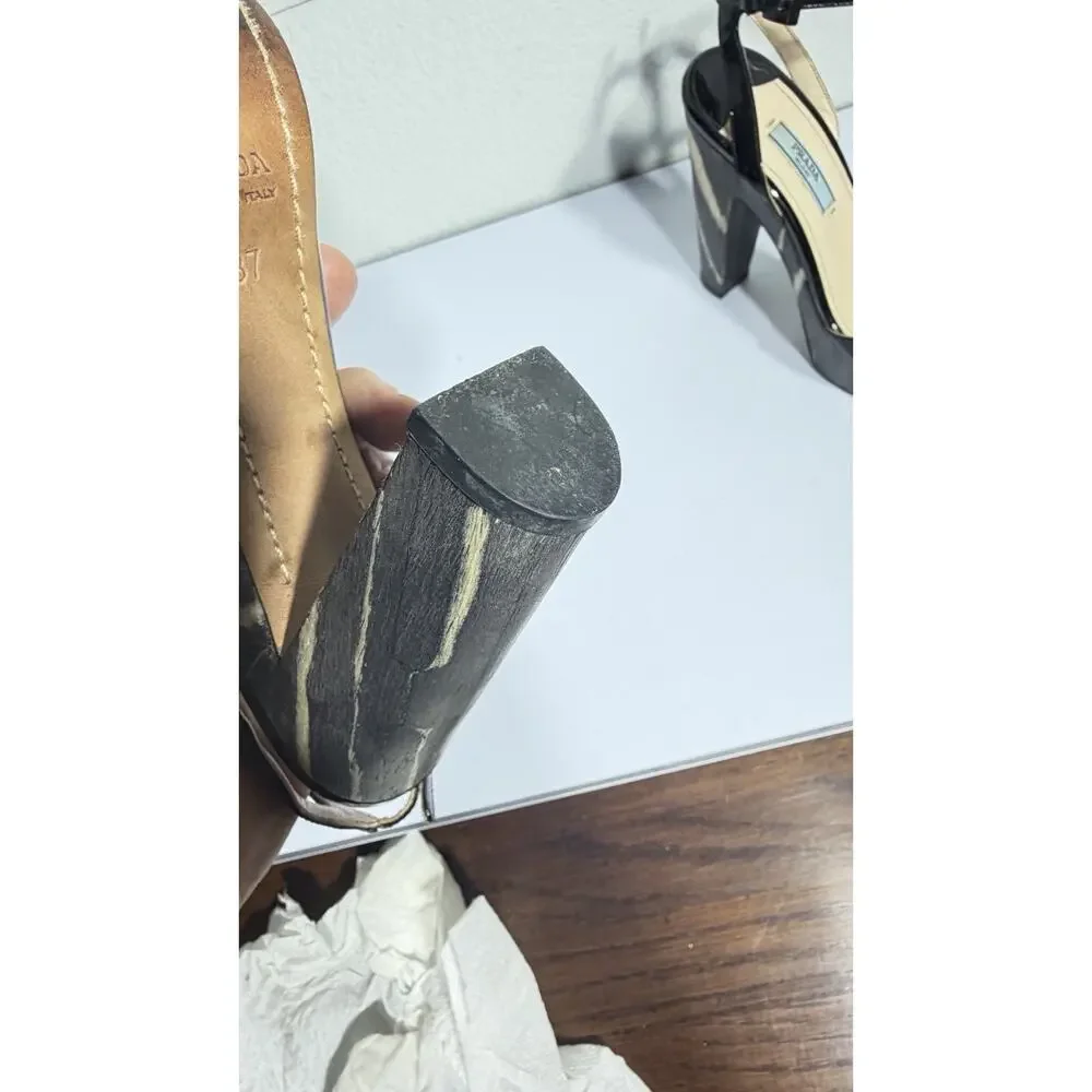 Prada Platform Heels Black Patent Wood Grain Ankle Strap Sz 37 - Picture 12 of 14